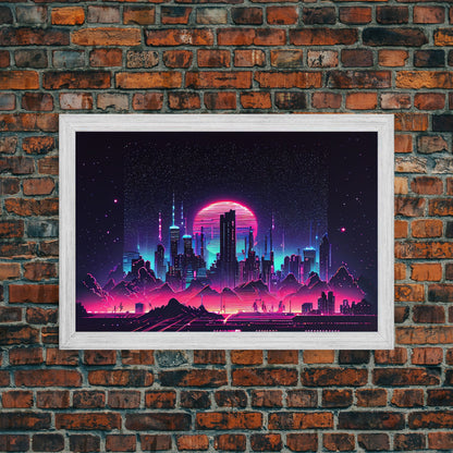 Cyberpunk city skyline superimposed over a sunset, synthwave style dystopian  art, framed canvas print