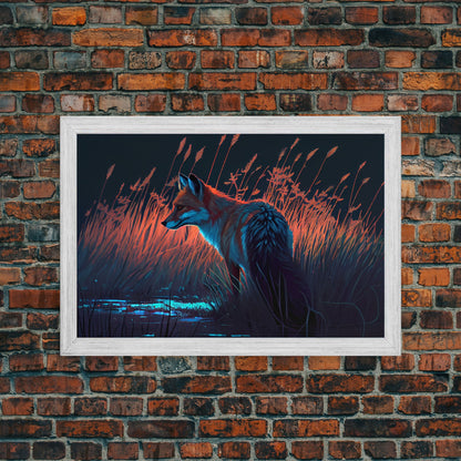Cute animal prints, fox hunting in the tall grass, framed canvas print