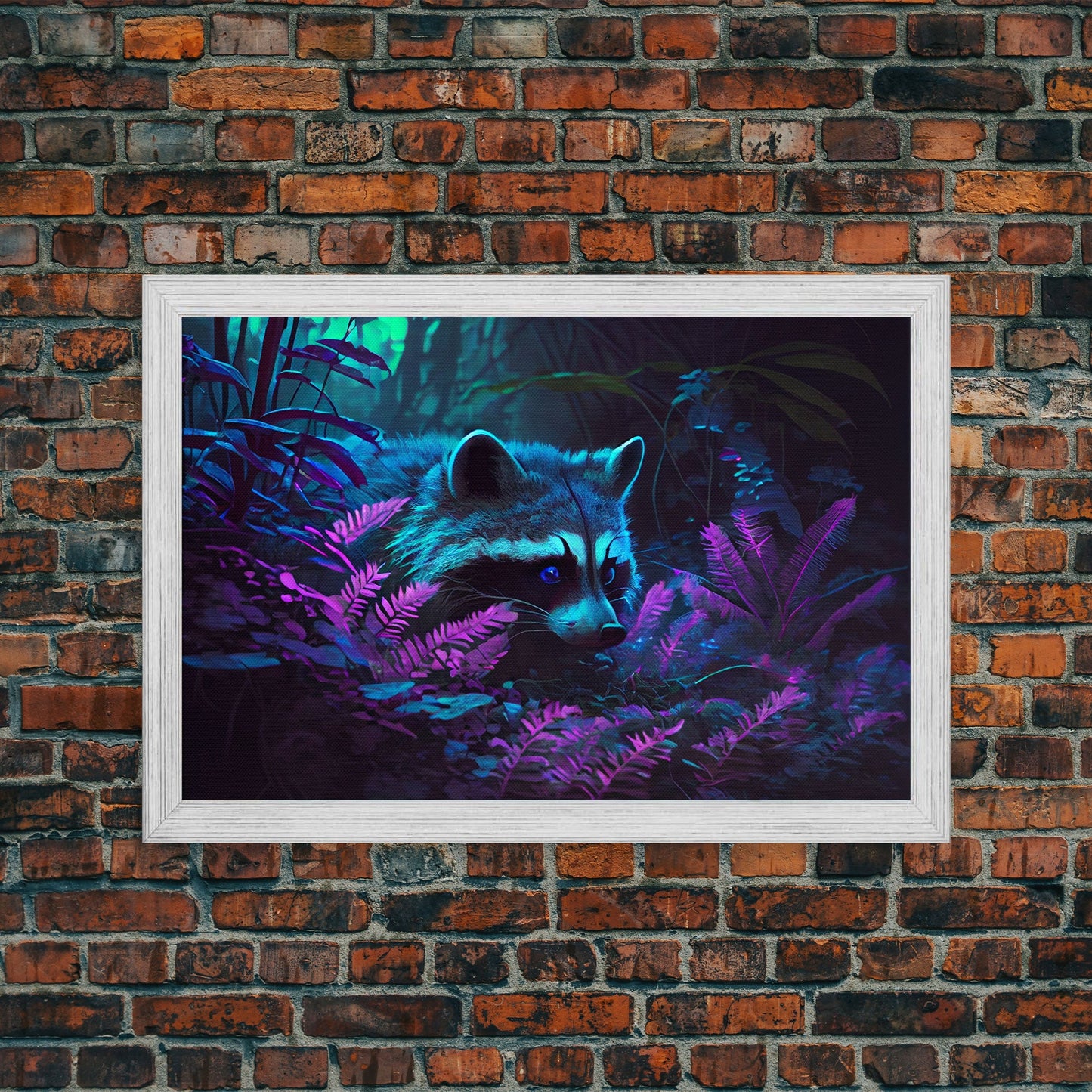 Trash panda art, Racoon in the jungle, vaporwave aesthetic animal art, framed canvas print