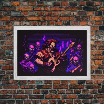 Human bard pixel art, vaporwave RPG concept art, framed canvas print, synthwave tabletop art