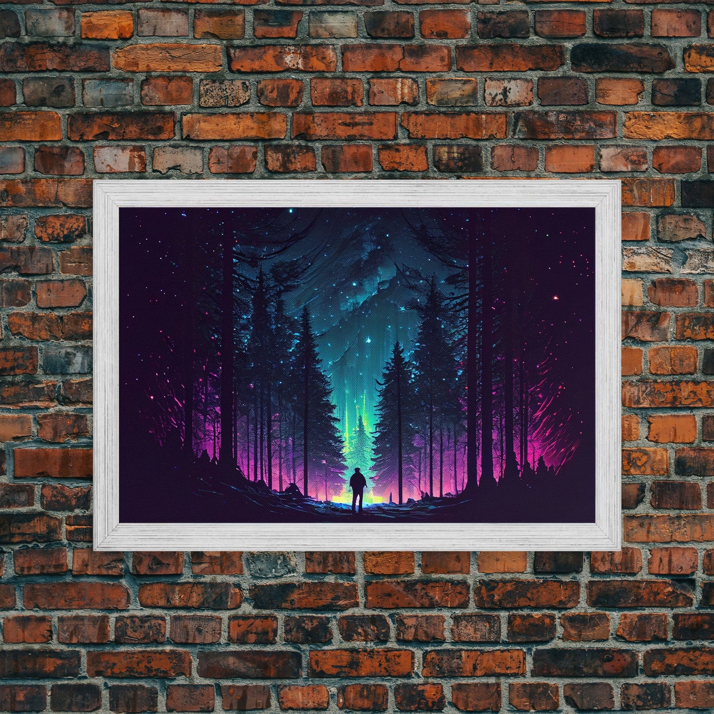 Contemplating the stars, vaporwave aesthetic, forest art, starry night, framed canvas print