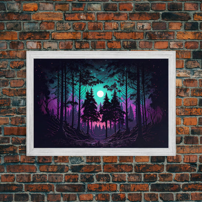 Fantasy forest art, full moon visible through the trees, framed canvas print, framed wall art