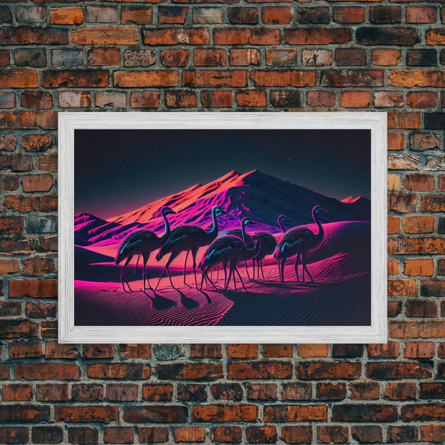 Emus in the desert, animal prints, animal art, framed canvas print, vapor wave synthwave animal art