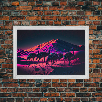 Emus in the desert, animal prints, animal art, framed canvas print, vapor wave synthwave animal art