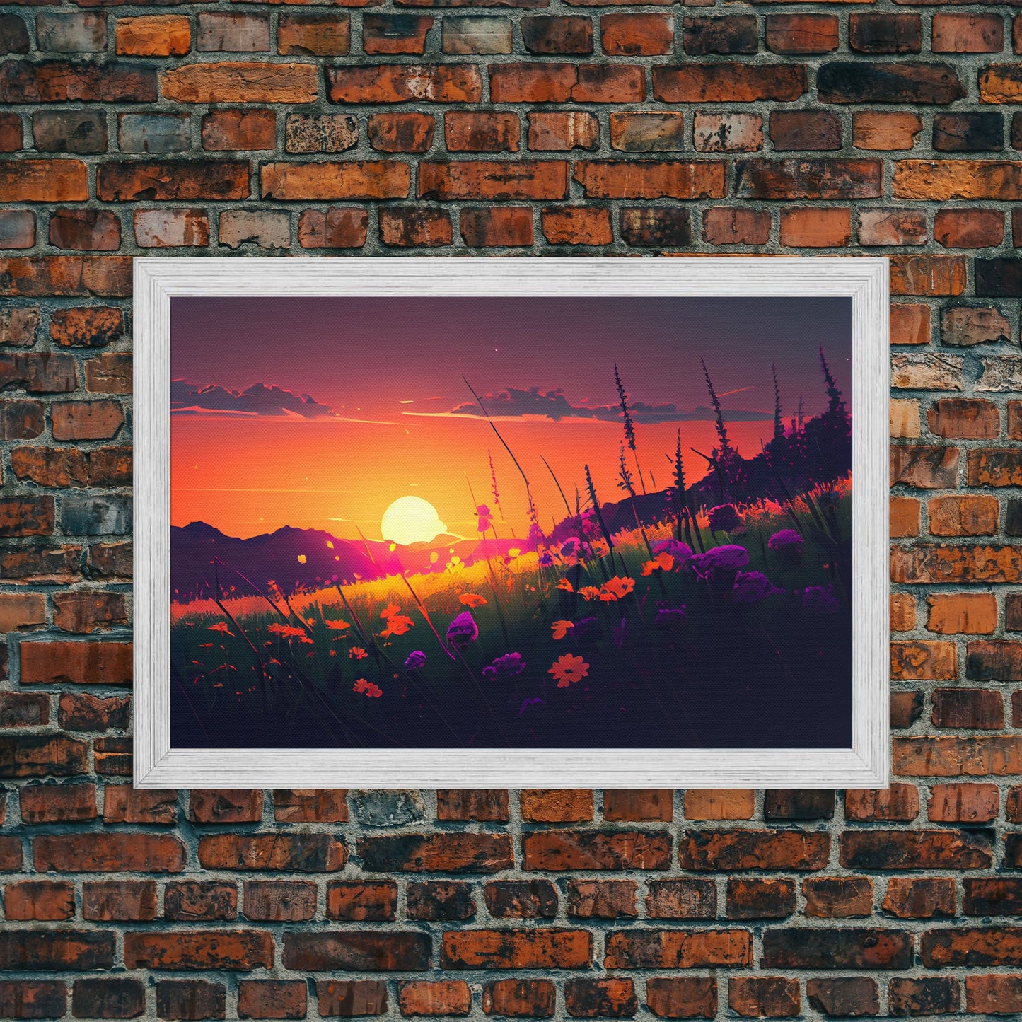 Watercolor of a beautiful sunset over a vibrant field of flowers, framed canvas print, framed art