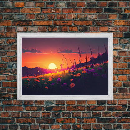 Watercolor of a beautiful sunset over a vibrant field of flowers, framed canvas print, framed art