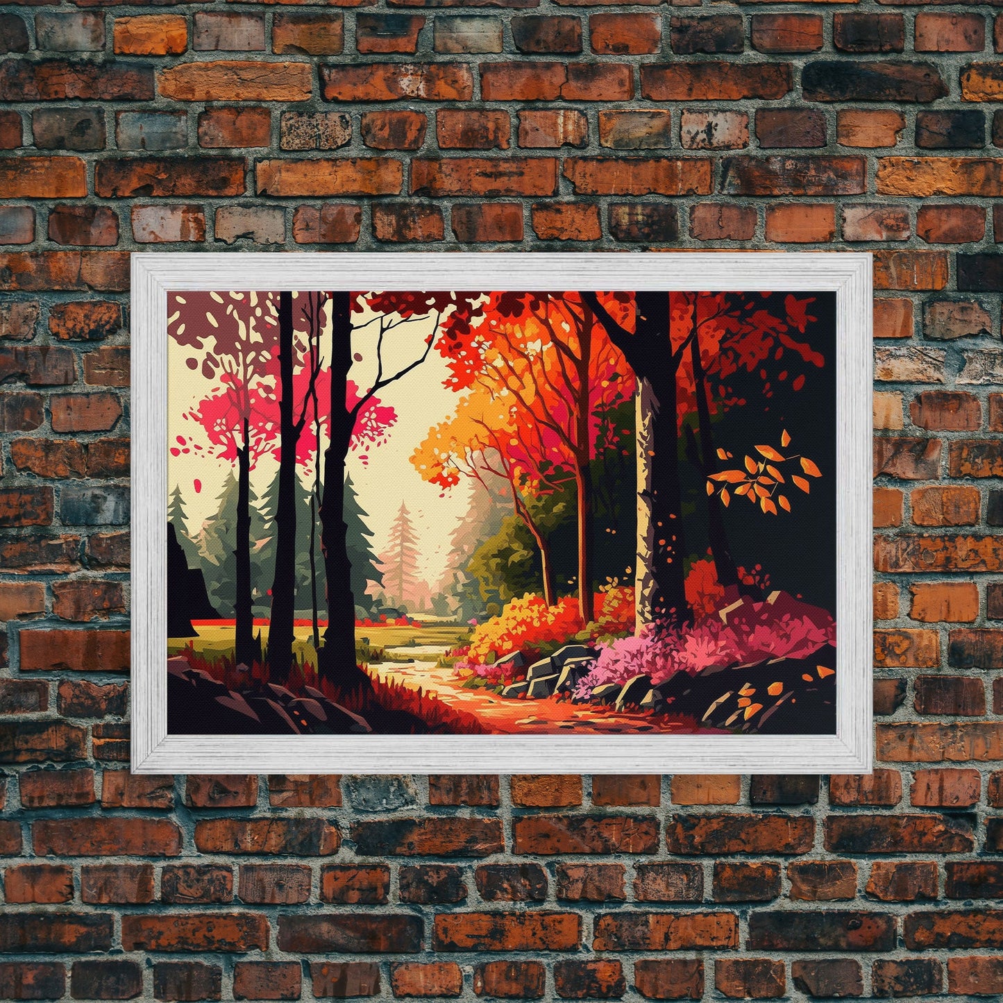 Pop Art Style Fall Forest Landscape, Framed Canvas Print, Unique living room wall art, above sofa art, Color Pop forest art