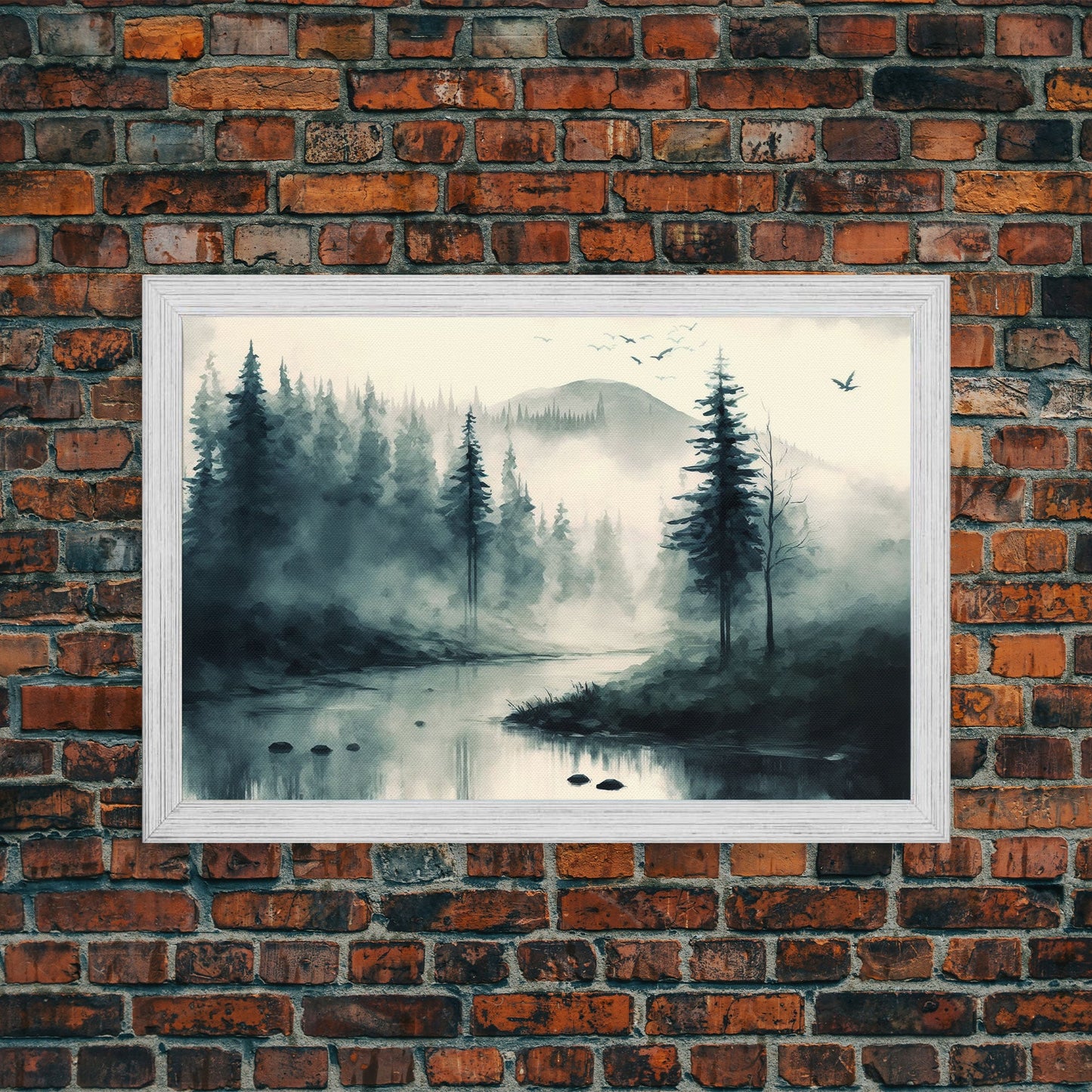 Watercolor of a foggy pine tree forest, framed canvas print, unique wall art, contemporary art, modern art