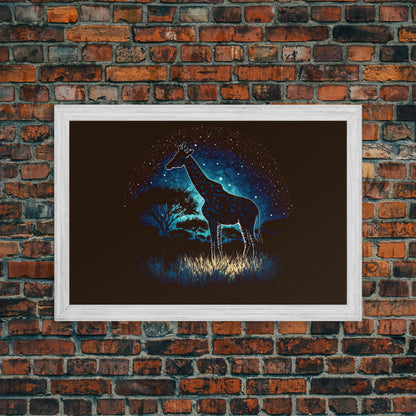 Starry Night over Africa, Giraffe Print, Framed Canvas Art, Galaxy Night Sky, Mancave decor