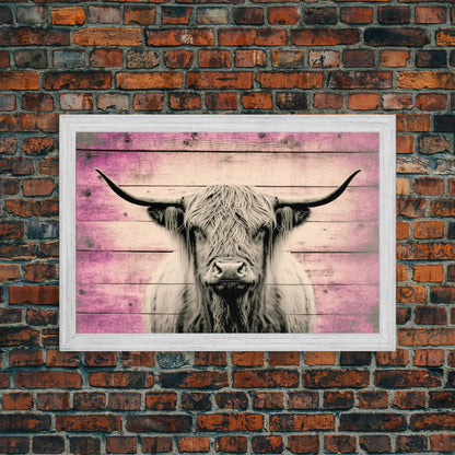 Pink Rustic Cattle Art, Framed Canvas Print, Framed Wall Art, Primitive Rustic Minimalist Farmhouse Decor, Highland Cattle Distressed Art