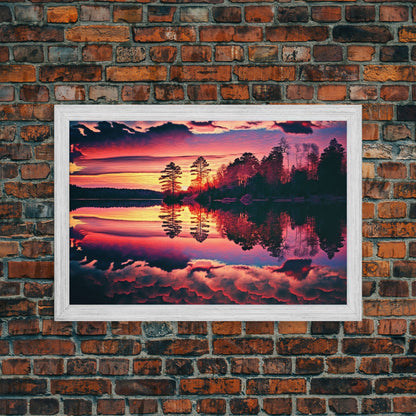 Reflections on the lake, red landscape art, framed canvas print, subdued red nature art