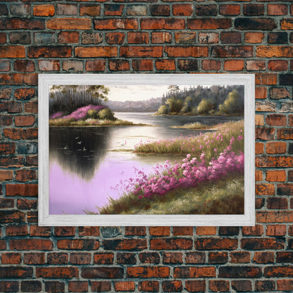 Pink flower landscape art, beautiful nature watercolor painting canvas print, Framed Canvas Print, Wall decoration, living room wall art