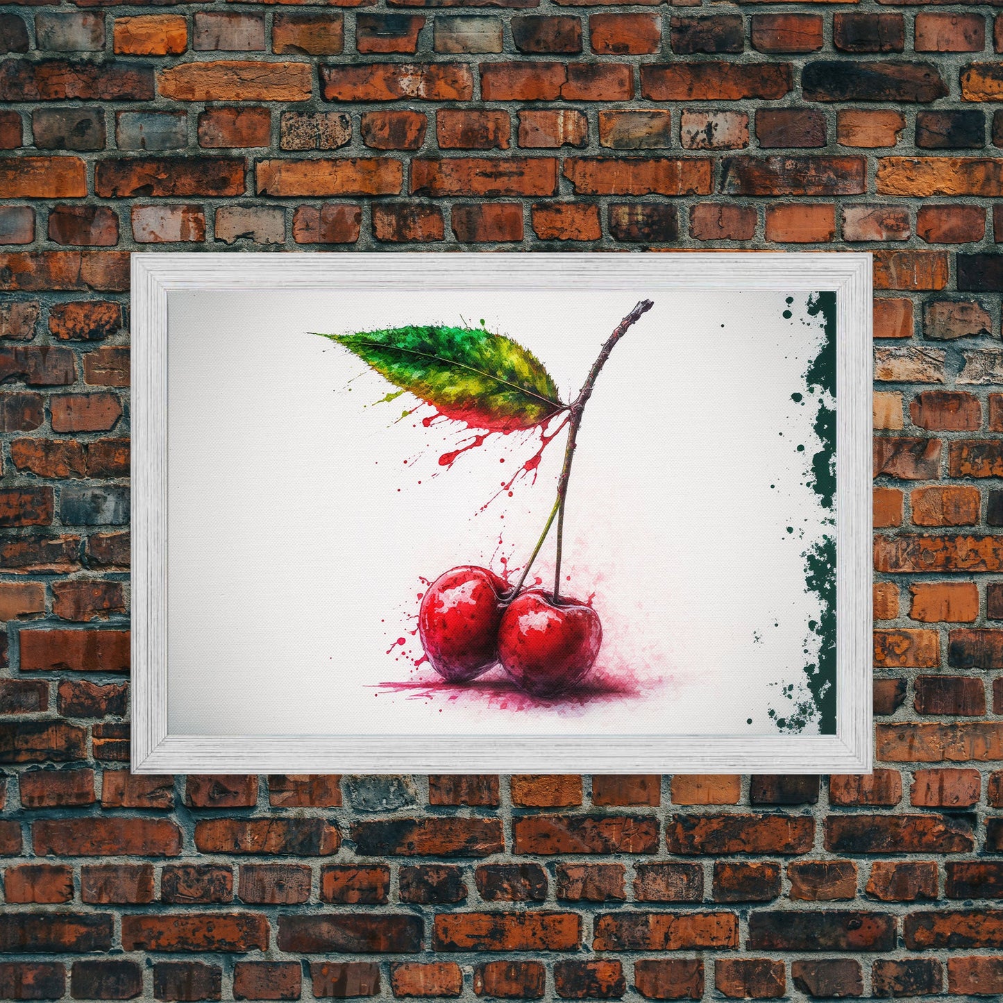 Watercolor Cherry, Still Life Paint Splatter Art, Framed Canvas Print, Fruit Art, Cherries with Stems Watercolor Painting