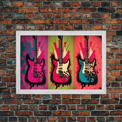 Electric Guitar Pop Art, Instrument Drawings, Framed Canvas Print, Pop Art, Graffiti Splatter Art, Large Living Room Wall Decorr