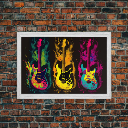 Psychedelic Electric Guitar Graffiti Pop Art, Instrument Drawings, Framed Canvas Print, Pop Art, Splatter Art, Large Living Room Wall Decorr
