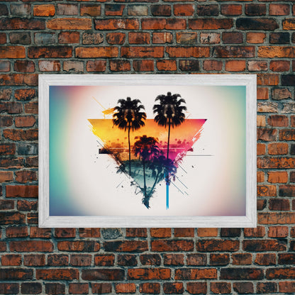 Retrowave / Synthwave Sunset Behind Beautiful Palm Trees, 1980s Style Retro Home Decor, Framed Canvas Print, Double Exposure Art