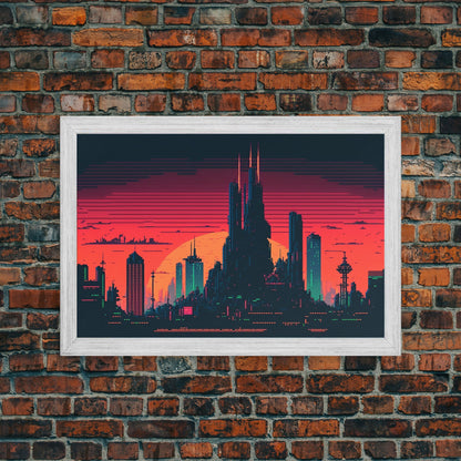 Outrun Style Pixel Art Futuristic Cyberpunk City Skyline at Sunset, Concept art, framed canvas print, dystopian art