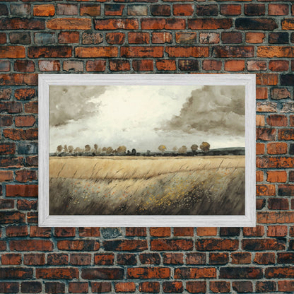Moody Country Landscape Canvas Print Painting | Vintage Wall Art | Subdued Wall Art | Framed Canvas | Muted Monochromatic Landscape Art
