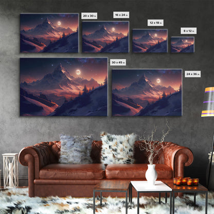 Mt. Everest Art, full moon over a mountain landscape, watercolor, framed canvas print, unique wall art