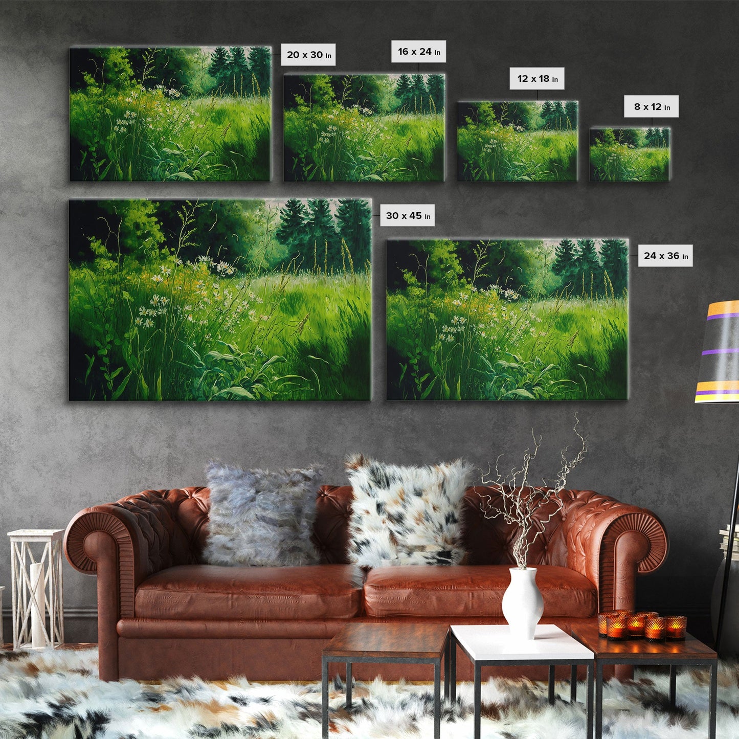 Beautiful field of wildflowers, Emerald green watercolor, framed canvas print, living room wall decor