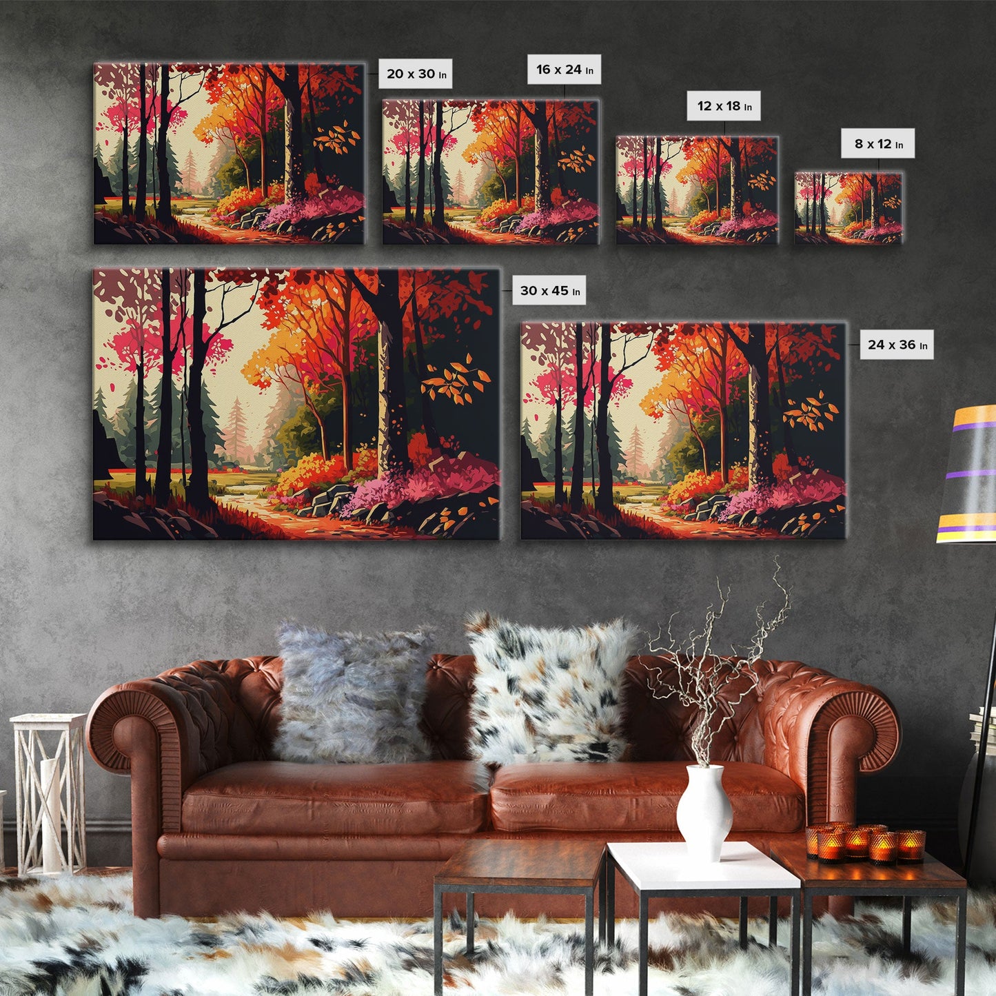 Pop Art Style Fall Forest Landscape, Framed Canvas Print, Unique living room wall art, above sofa art, Color Pop forest art