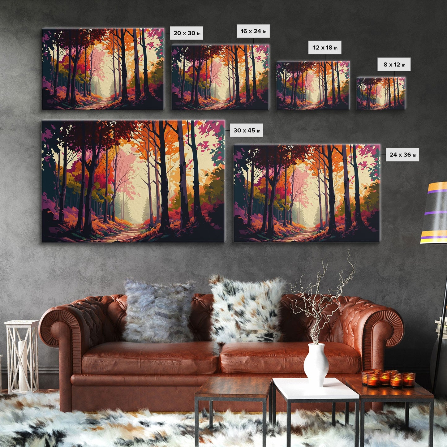 Pop Art Style Fall Forest Landscape, Framed Canvas Print, Unique living room wall art, above sofa art, Color Pop forest art