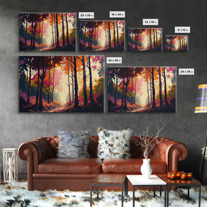 Pop Art Style Fall Forest Landscape, Framed Canvas Print, Unique living room wall art, above sofa art, Color Pop forest art