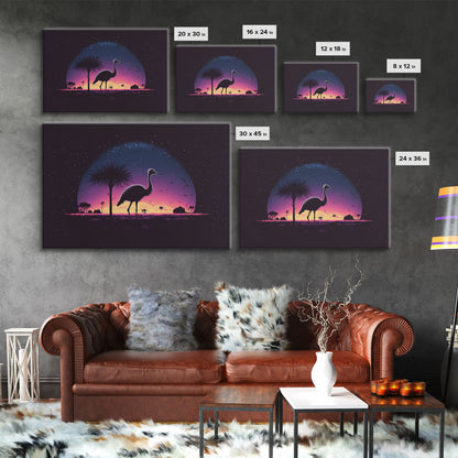 Emu Art | Framed Canvas Print | Synthwave Style Framed Wall Art | Animal Prints | Emu Walks Under A Full Moon | Kid's Room Decor