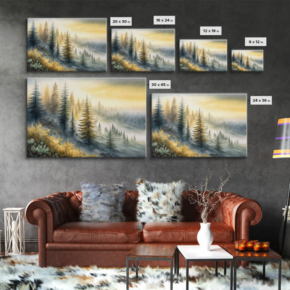 Watercolor of a foggy pine tree forest, framed canvas print, unique wall art, contemporary art
