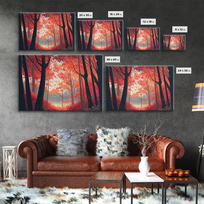 Red Forest, Forest Images, framed canvas print, forest ecosystem wall art, autumn forest wall art