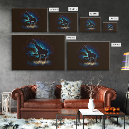 Starry Night over Africa, Giraffe Print, Framed Canvas Art, Galaxy Night Sky, Mancave decor