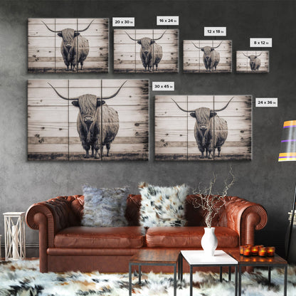 Rustic Cattle Art, Framed Canvas Print, Framed Wall Art, Primitive Rustic Minimalist Farmhouse Decor, Highland Cattle Distressed Art