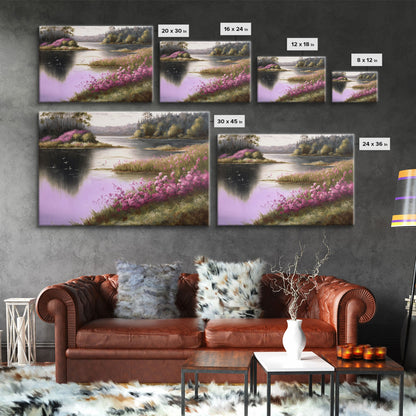 Pink flower landscape art, beautiful nature watercolor painting canvas print, Framed Canvas Print, Wall decoration, living room wall art