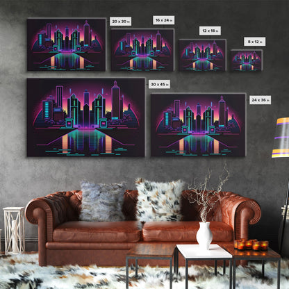 Retro Style Synthwave Wireframe City, Outrun Style, Framed Canvas Print, 80s Vibes Art