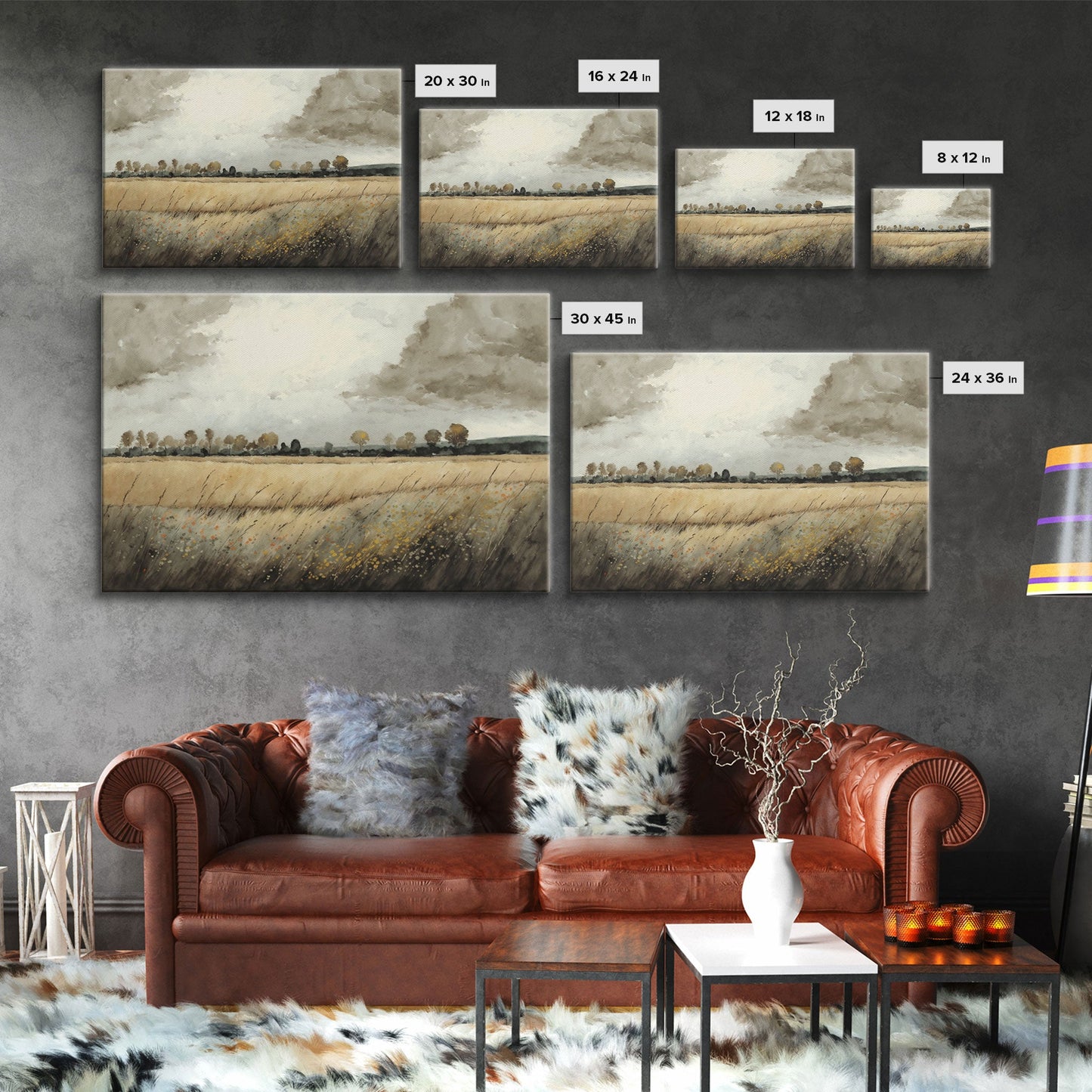 Moody Country Landscape Canvas Print Painting | Vintage Wall Art | Subdued Wall Art | Framed Canvas | Muted Monochromatic Landscape Art