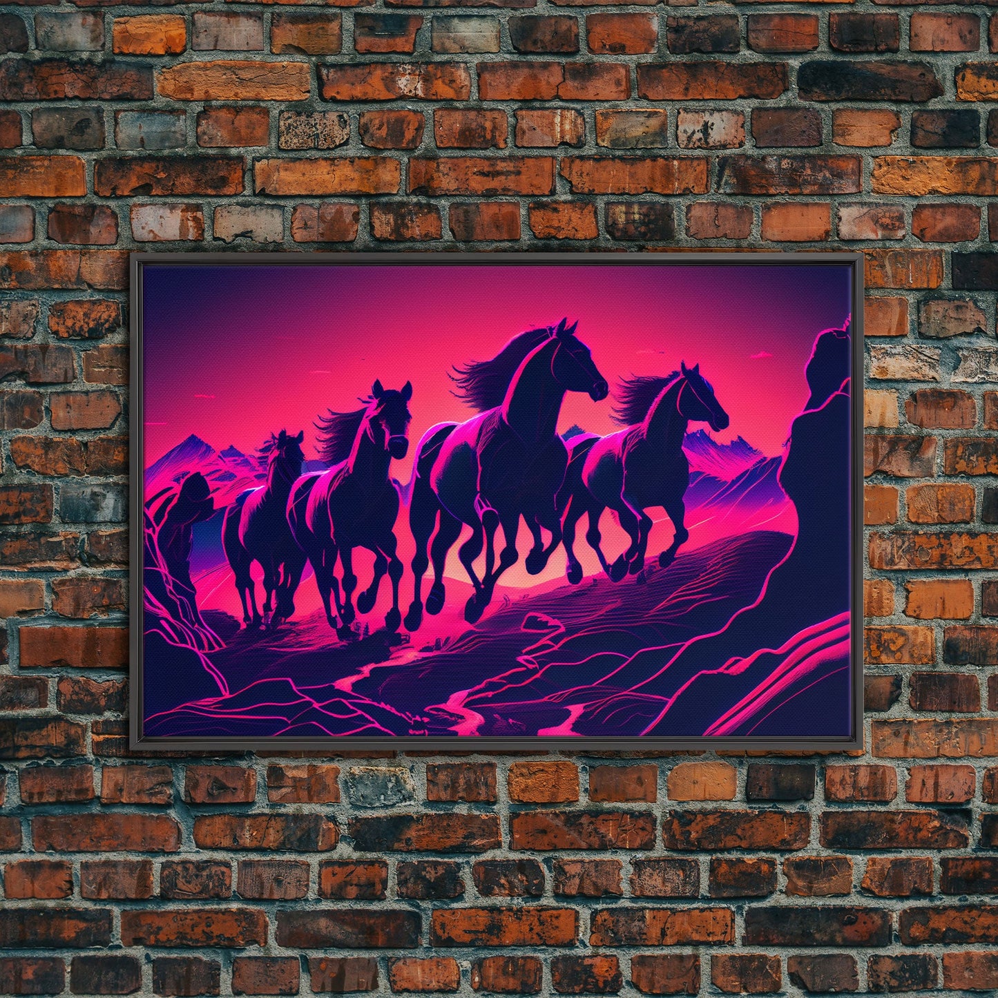 Pack of Wild Horses, American Western decor, framed canvas print, synthwave animal art