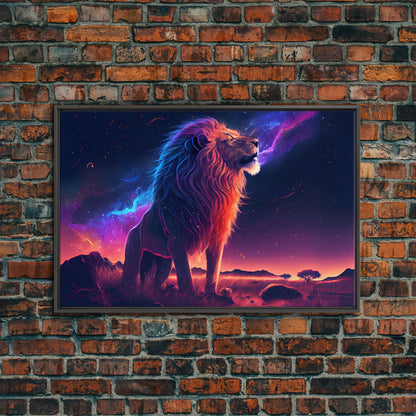 The Lion and the Galaxy, unique vibrant synthwave wall art, framed canvas print, animal lion print