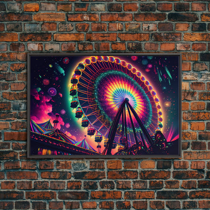 Colorful boardwalk art, neon lit night time ferris wheel, framed canvas print, framed wall art