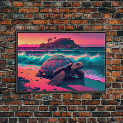 Sea turtle fighting the waves, framed canvas art, synthwave, vaporwave, animal prints