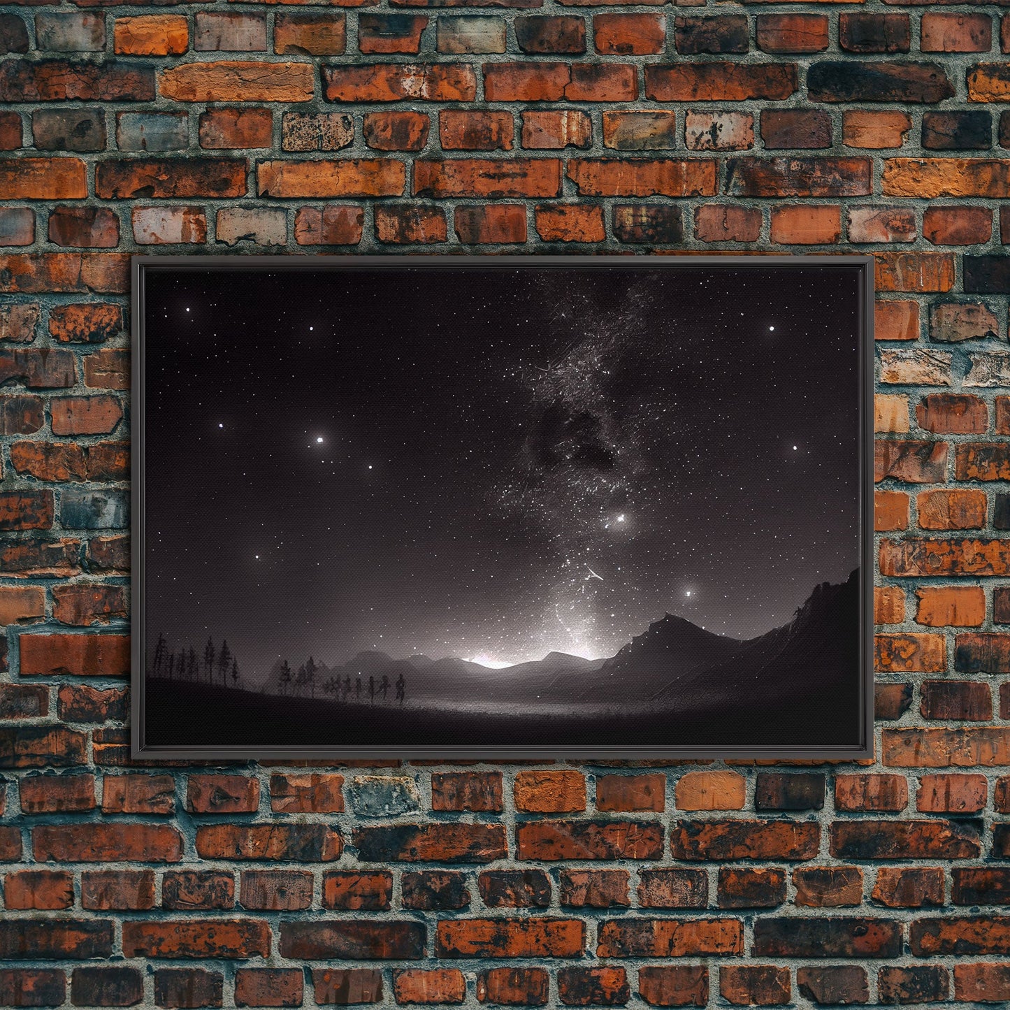 Black and white Watercolor of a starry night sky over a pine forest, framed canvas print