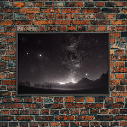 Black and white Watercolor of a starry night sky over a pine forest, framed canvas print