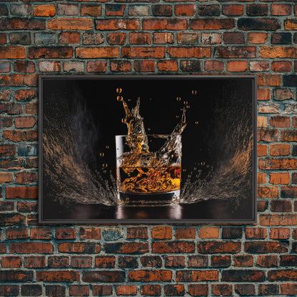 Whiskey Wall Décor, Ice falling into a glass of whiskey, modern / contemporary bar wall art, framed canvas print