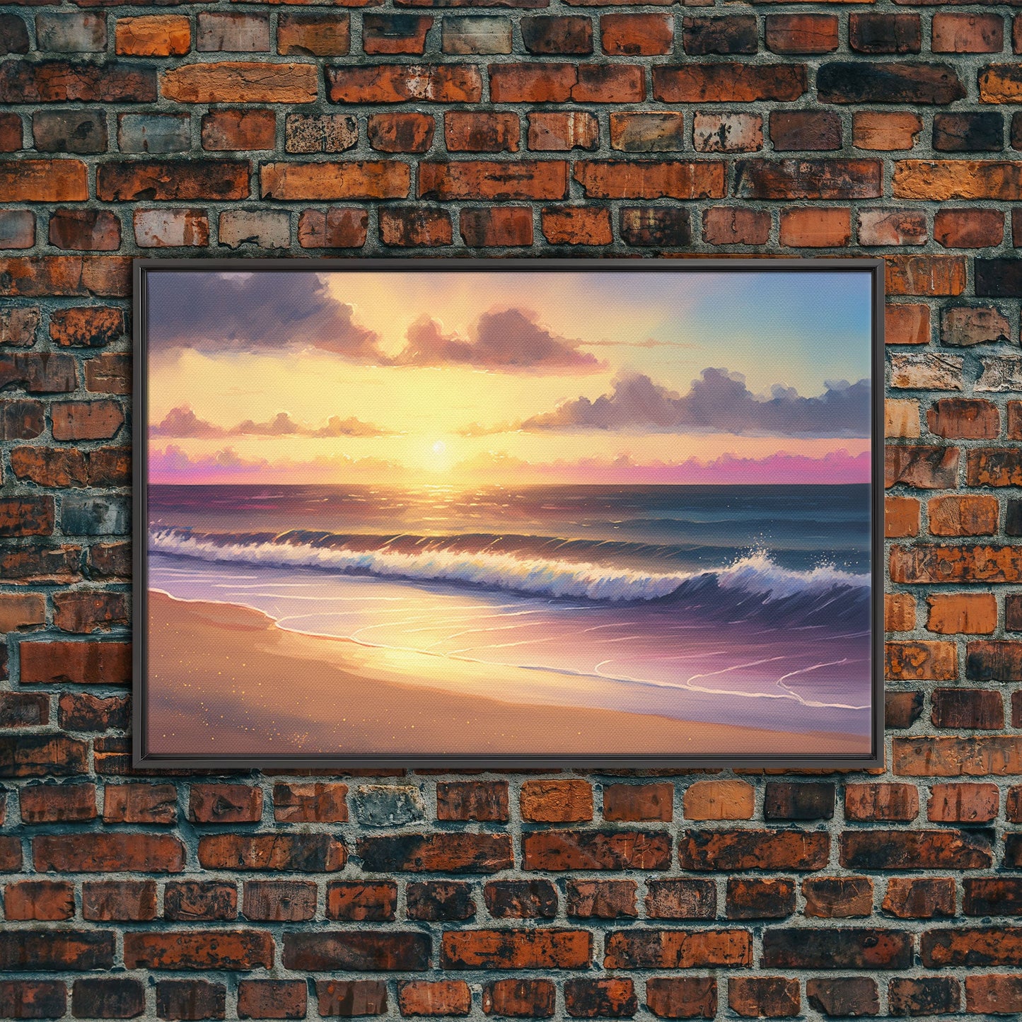 Boho Style Whimsical Beach Art, Framed Canvas Print, Minimalist Modern Farmhouse Decor, Pink Sunset Sky over tide rolling in