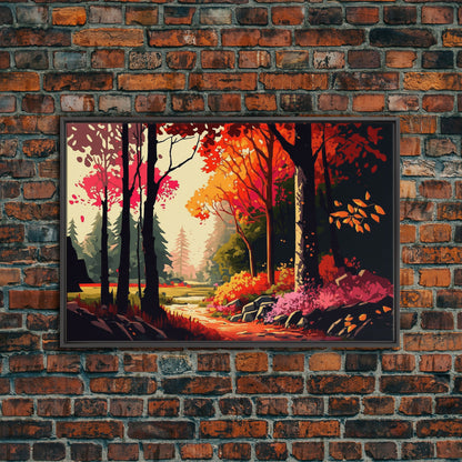 Pop Art Style Fall Forest Landscape, Framed Canvas Print, Unique living room wall art, above sofa art, Color Pop forest art