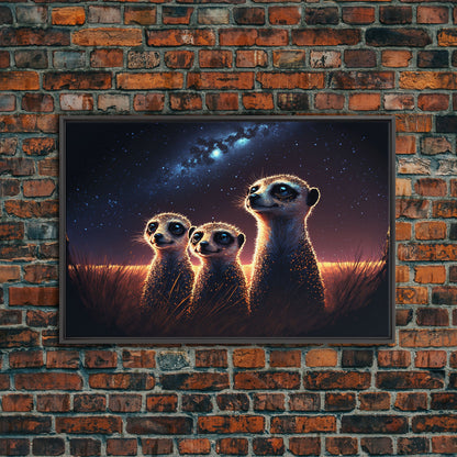 Meerkat Art, framed canvas print, Animal art, starry night over the plains of Africa