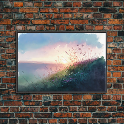 Serene Sunset, Watercolor Landscape Art, Framed Canvas Print, colorful wall art, above couch living room art