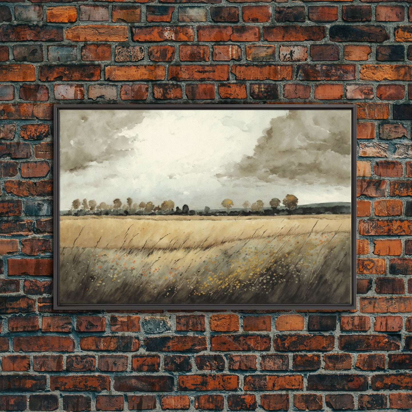 Moody Country Landscape Canvas Print Painting | Vintage Wall Art | Subdued Wall Art | Framed Canvas | Muted Monochromatic Landscape Art