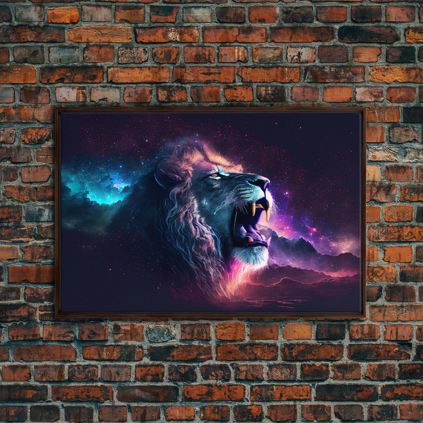 Cosmic Roar, lion roaring at the stars, synthwave galaxy and lion art, framed canvas print, unique framed wall art