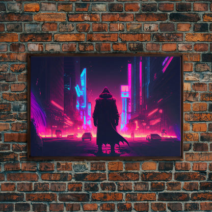 Cyberpunk City, Neon synthwave dystopian art, framed canvas print
