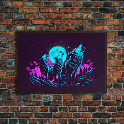 Howl at the moon - turquoise wolf pack howling at the moon, framed canvas print, vaporwave art